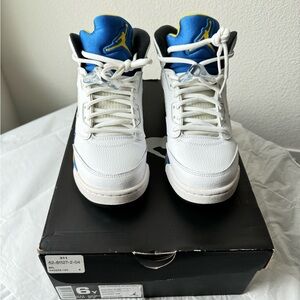 Kids White and Blue Jordan 5’s Shoes